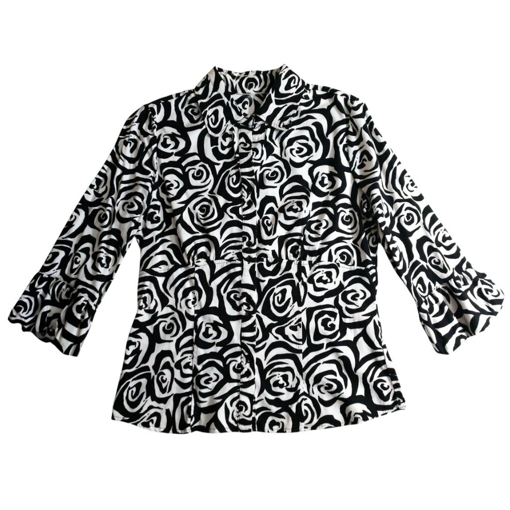 (No Brand Tag) Women's Black/White Rose 3/4 Ruffle Sleeve Button Up Shacket